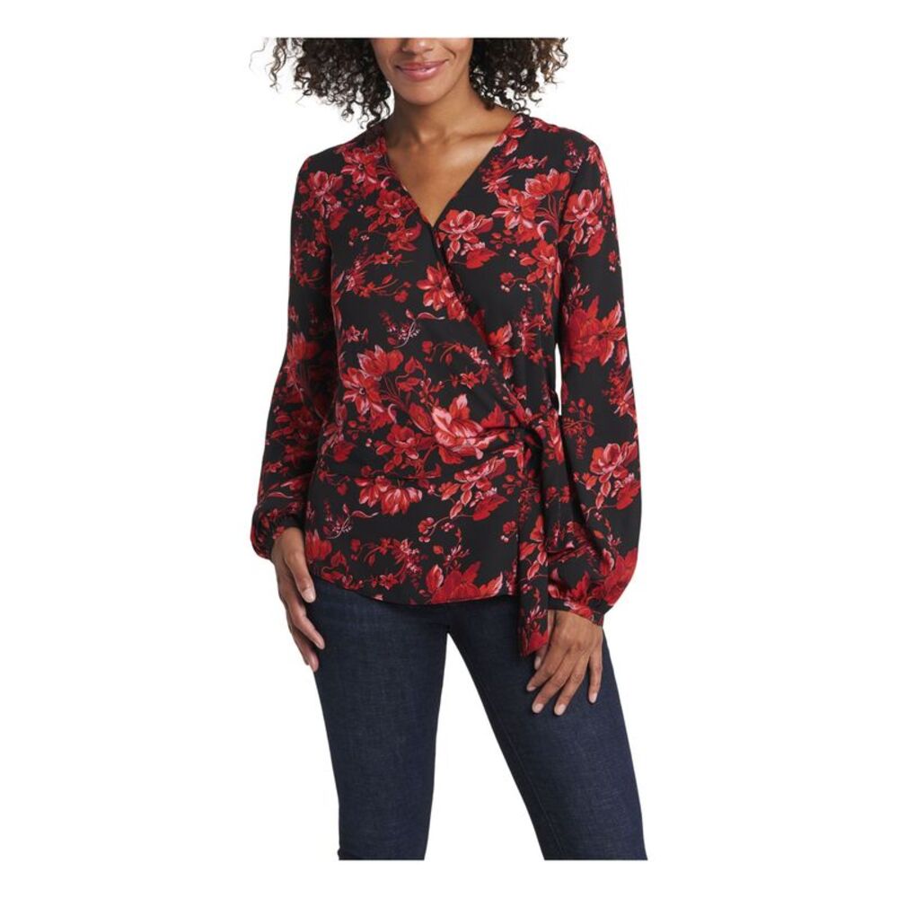 VINCE CAMUTO Womens Black Tie Long Sleeve Wear To Work Wrap Top XXS